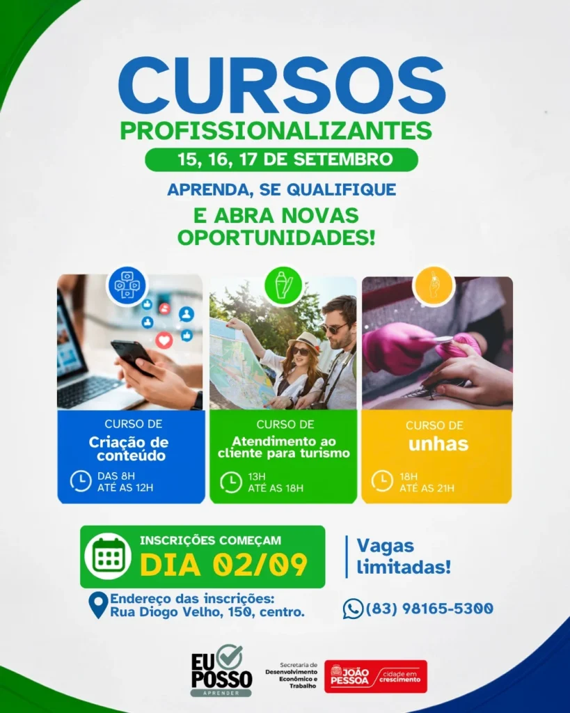 João Pessoa abre vagas em cursos profissionalizantes gratuitos